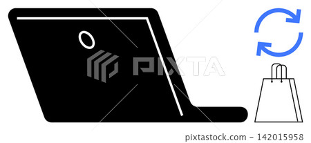 E-commerce, online shopping, digital transactions, retail platforms, consumer technology, business exchange. Black laptop silhouette, shopping bag curved refresh arrow. E-commerce and digital E-commerce, online shopping, digital transactions, retail platforms, consumer technology, business exchange. Black laptop silhouette, shopping bag curved refresh arrow. E-commerce and digital 142015958