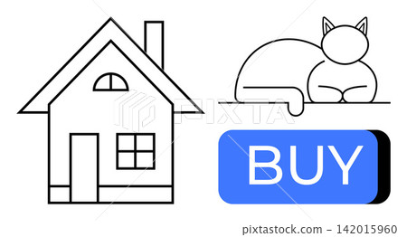 Homeownership, e-commerce, pet-friendly spaces, real estate, online purchasing, lifestyle choices. Black and white house and cat beside a blue buy button. Homeownership and e-commerce visualization Homeownership, e-commerce, pet-friendly spaces, real estate, online purchasing, lifestyle choices. Black and white house and cat beside a blue buy button. Homeownership and e-commerce visualization 142015960