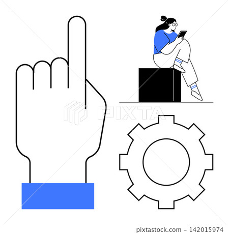 Technology, digital services, online education, user interaction, productivity, innovation. Gear and hand pointer next to a seated person with a tablet. Technology and user interaction concepts 142015974
