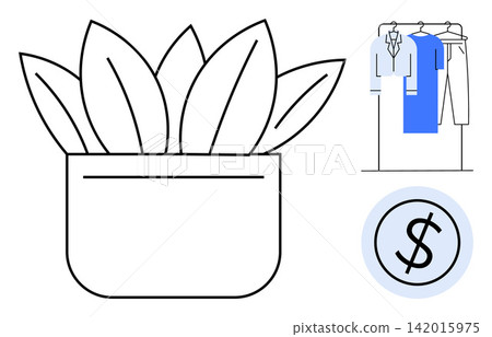 Sustainability, indoor decor, shopping, eco-conscious fashion, minimalism, economy. Outline of a potted plant, clothes rack and a dollar symbol. Sustainability and indoor decor Sustainability, indoor decor, shopping, eco-conscious fashion, minimalism, economy. Outline of a potted plant, clothes rack and a dollar symbol. Sustainability and indoor decor 142015975