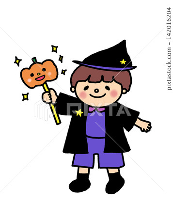 Halloween illustration of a cute little wizard boy and a pumpkin Halloween illustration of a cute little wizard boy and a pumpkin 142016204