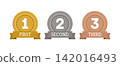 Ranking icons: 1st, 2nd, 3rd place (Gold, Silver, Bronze) - Vector illustrations 142016493