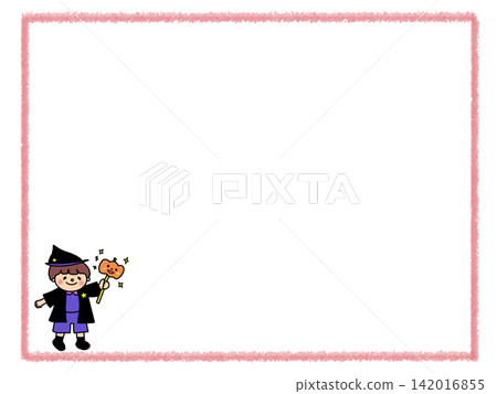 Halloween, illustration of a cute little wizard boy with a pumpkin wand, memo, speech bubble frame Halloween, illustration of a cute little wizard boy with a pumpkin wand, memo, speech bubble frame 142016855