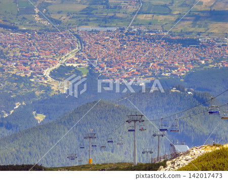 Bansko ski resort Pirin Mountains Bulgaria chairlift and town in summer Bansko ski resort Pirin Mountains Bulgaria chairlift and town in summer 142017473