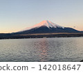 Mount Fuji bathed in the red glow of the setting sun, as seen from the shores of Lake Yamanaka. 142018647