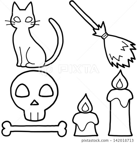 Halloween line art illustration set (black cat, witch's broom, skull and bones, candle) Halloween line art illustration set (black cat, witch's broom, skull and bones, candle) 142018713