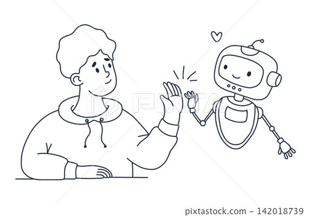 AI Human High Five Friendship. Friendly Robot Chatbot Assistant And Man Collaboration Synergy. Outline Cute Cyber Bot Partner. Line Art Hand Drawn. Vector Illustration For Web App Interface Technology AI Human High Five Friendship. Friendly Robot Chatbot Assistant And Man Collaboration Synergy. Outline Cute Cyber Bot Partner. Line Art Hand Drawn. Vector Illustration For Web App Interface Technology 142018739
