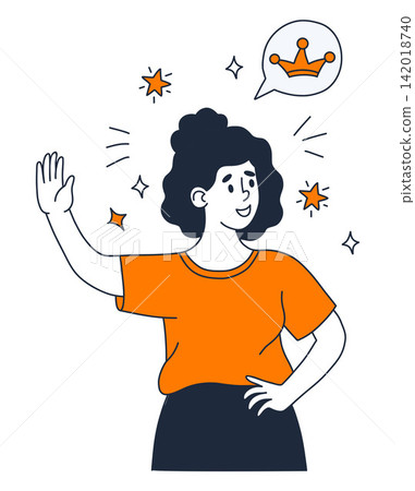 Confident Queen Girl Waving Hand Greeting With Crown Speech Bubble and Stars. Female Self Esteem Ambition Success Rating Royalty Concept. Color Doodle Hand Drawn. Vector Illustration Isolated On White Confident Queen Girl Waving Hand Greeting With Crown Speech Bubble and Stars. Female Self Esteem Ambition Success Rating Royalty Concept. Color Doodle Hand Drawn. Vector Illustration Isolated On White 142018740