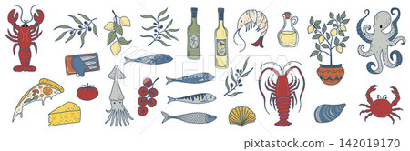 Italian Food and Seafood Flat Illustration Set Italian Food and Seafood Flat Illustration Set 142019170
