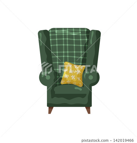 Green wingback chair with a floral pillow in a cozy living space setting Green wingback chair with a floral pillow in a cozy living space setting 142019466