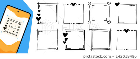 Hand Drawn QR Code Frame Set with Cute Doodle Hearts 142019486