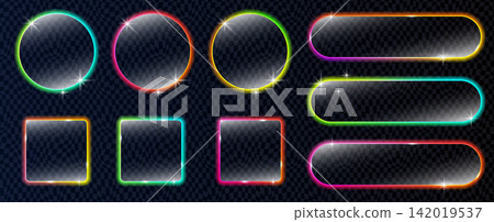 Neon call to action UI kit with glowing buttons and banner frames Neon call to action UI kit with glowing buttons and banner frames 142019537