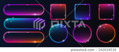 Neon call to action interface buttons with glowing frame set 142019538