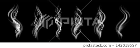 White steam vapor waves isolated on black background for hot drink or cooking White steam vapor waves isolated on black background for hot drink or cooking 142019557