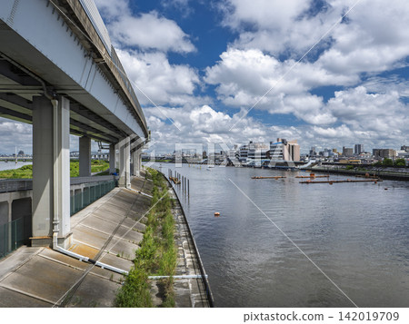 東京江戶川區,船堀橋的夏日景觀:中川和公路 東京江戶川區,船堀橋的夏日景觀:中川和公路 142019709