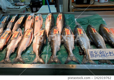 魚市裡,新鮮的鮭魚整齊地排列著。 魚市裡,新鮮的鮭魚整齊地排列著。 142019762