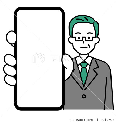 A middle-aged man in a suit is holding his smartphone screen up close. A middle-aged man in a suit is holding his smartphone screen up close. 142019798