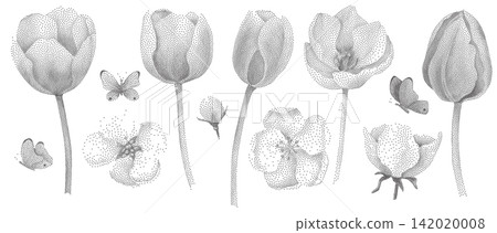 Abstract Flower Illustrations with Stipple Dots Abstract Flower Illustrations with Stipple Dots 142020008