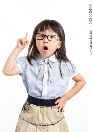 Excited little girl raising her finger with an open mouth having a bright idea. Excited little girl raising her finger with an open mouth having a bright idea. 142020406