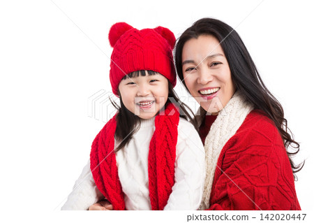 smiling Asian Mother and Daughter Wearing Red Winter Clothes Isolated on White Background smiling Asian Mother and Daughter Wearing Red Winter Clothes Isolated on White Background 142020447