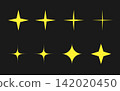 Vector set of yellow four point sparkle star icons on dark background. Minimalist sparkling stars, magic glow elements, shiny light bursts, and Y2K aesthetic shapes isolated. 142020450