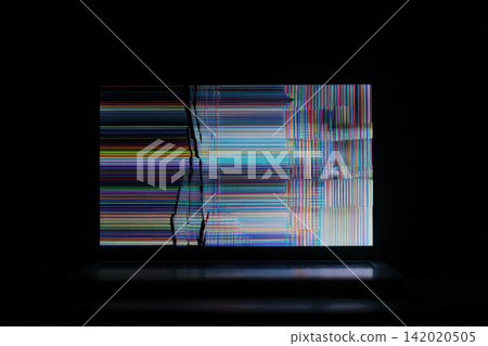 Digital display error on laptop screen with colorful horizontal lines Digital display error on laptop screen with colorful horizontal lines 142020505
