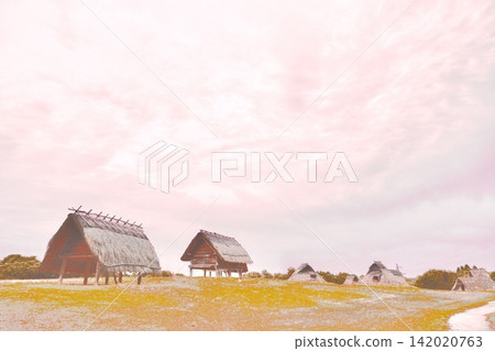 古老的重建房屋排列在淡粉紅色的天空和草地上。 古老的重建房屋排列在淡粉紅色的天空和草地上。 142020763