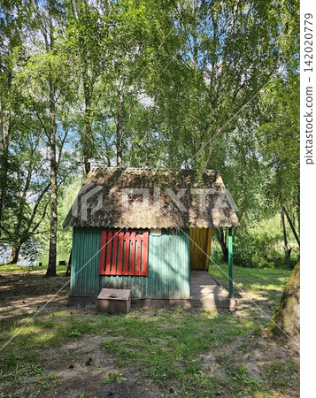 Small green wooden cabin with old roof surrounded by tall pine trees in peaceful summer forest near river Small green wooden cabin with old roof surrounded by tall pine trees in peaceful summer forest near river 142020779