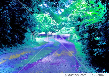 A winding forest path bathed in blue-green light and a fantastical natural landscape. A winding forest path bathed in blue-green light and a fantastical natural landscape. 142020820