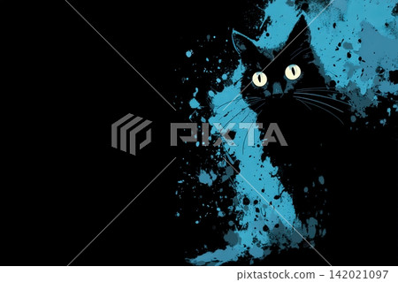 Mysterious black cat street art on a dark backdrop with vibrant splashes Mysterious black cat street art on a dark backdrop with vibrant splashes 142021097