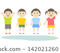 An illustration of cute little children, a boy and a girl, smiling and wearing short-sleeved T-shirts. 142021260