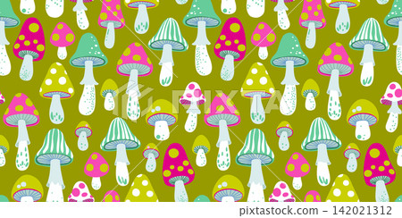 Seamless pattern with colorful stylized mushrooms on a yellow green background. Playful forest inspired design suitable for textile, fabric, wallpaper, packaging, wrapping paper, children's products Seamless pattern with colorful stylized mushrooms on a yellow green background. Playful forest inspired design suitable for textile, fabric, wallpaper, packaging, wrapping paper, children's products 142021312
