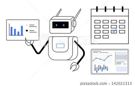 Business automation, artificial intelligence, planning, data analysis, robotics, workflow optimization. Robot interacting with data charts and calendar. Business automation and data analysis concept Business automation, artificial intelligence, planning, data analysis, robotics, workflow optimization. Robot interacting with data charts and calendar. Business automation and data analysis concept 142021313