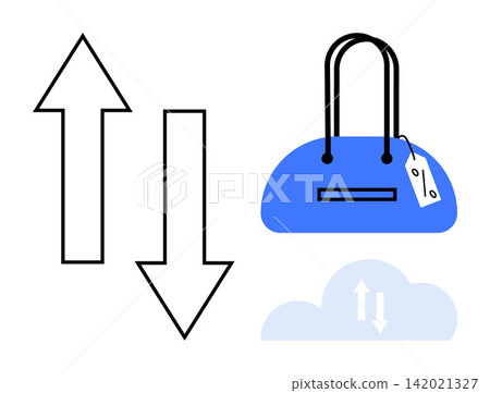 Ecommerce, online shopping, digital transactions, consumer behavior, retail trends, cloud storage. Arrows, shopping bag with price tag cloud icon. Ecommerce and online shopping concept Ecommerce, online shopping, digital transactions, consumer behavior, retail trends, cloud storage. Arrows, shopping bag with price tag cloud icon. Ecommerce and online shopping concept 142021327