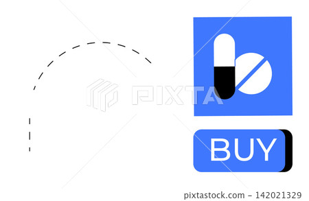 Online shopping, pharmaceuticals, healthcare, e-commerce, digital transactions, and medication access. Icon a pill, diagonal line and a blue Buy button. Online shopping and pharmaceuticals concept Online shopping, pharmaceuticals, healthcare, e-commerce, digital transactions, and medication access. Icon a pill, diagonal line and a blue Buy button. Online shopping and pharmaceuticals concept 142021329