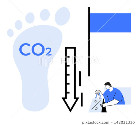 Environmental sustainability, carbon reduction, climate change, eco-conscious practices, energy efficiency, sustainable living. Visual includes CO2 footprint, downward arrow, and shopping figure Environmental sustainability, carbon reduction, climate change, eco-conscious practices, energy efficiency, sustainable living. Visual includes CO2 footprint, downward arrow, and shopping figure 142021330