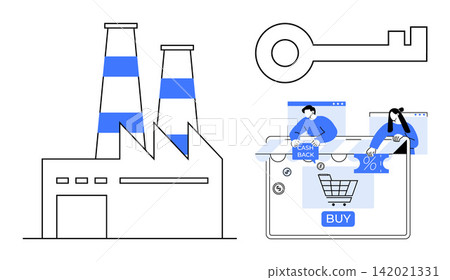 E-commerce, digital security, industrial innovation, online shopping, cashback offers, user interface design. Factory, key and shopping interface with users. E-commerce and digital security concept E-commerce, digital security, industrial innovation, online shopping, cashback offers, user interface design. Factory, key and shopping interface with users. E-commerce and digital security concept 142021331