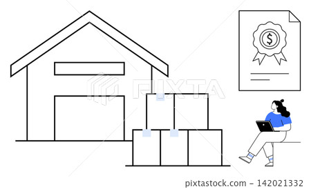 Logistics, warehouse management, shipping services, supply chain, certification, e-commerce business. Warehouse with stacked boxes, certificate and person with laptop. Logistics and warehouse Logistics, warehouse management, shipping services, supply chain, certification, e-commerce business. Warehouse with stacked boxes, certificate and person with laptop. Logistics and warehouse 142021332