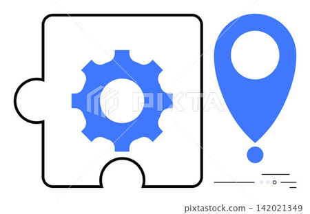 Problem-solving, navigation systems, innovation, location services, technology solutions, productivity. Gear icon inside puzzle piece and marker icon. Problem-solving and navigation systems concept Problem-solving, navigation systems, innovation, location services, technology solutions, productivity. Gear icon inside puzzle piece and marker icon. Problem-solving and navigation systems concept 142021349