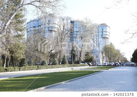 Wide city boulevard lined with green lawns and tall trees beside modern residential buildings, capturing a bright urban landscape, spring greenery and peaceful everyday city life Wide city boulevard lined with green lawns and tall trees beside modern residential buildings, capturing a bright urban landscape, spring greenery and peaceful everyday city life 142021378