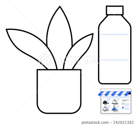 Sustainability, plastic usage, e-commerce, eco-friendly products, online shopping, digital marketplace. Potted plant, bottle and storefront icons featured. Sustainability and plastic usage Sustainability, plastic usage, e-commerce, eco-friendly products, online shopping, digital marketplace. Potted plant, bottle and storefront icons featured. Sustainability and plastic usage 142021382