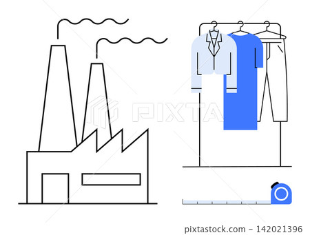 Textile industry, garment manufacturing, clothing design, fashion production, customization, sustainability. Factory emitting smoke and clothes on a rack. Textile industry and garment manufacturing 142021396