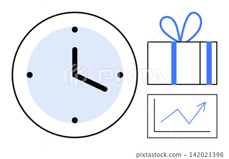 Productivity, rewards, business planning, time tracking, goal setting, and success. Clock, gift box and upward arrow chart. Time management and business planning concept Productivity, rewards, business planning, time tracking, goal setting, and success. Clock, gift box and upward arrow chart. Time management and business planning concept 142021398