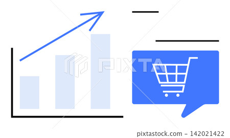 Business analysis, e-commerce, sales growth, digital marketing, revenue strategy, economic trends. Bar chart with upward arrow and cart in speech bubble. E-commerce and sales growth concept Business analysis, e-commerce, sales growth, digital marketing, revenue strategy, economic trends. Bar chart with upward arrow and cart in speech bubble. E-commerce and sales growth concept 142021422