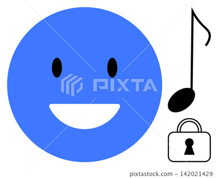 Digital security, data sharing, music protection, software encryption, copyright, online streaming. Blue happy face, musical note lock icon. Music protection and digital security concept Digital security, data sharing, music protection, software encryption, copyright, online streaming. Blue happy face, musical note lock icon. Music protection and digital security concept 142021429