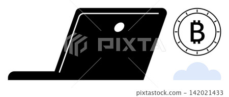 Cryptocurrency, blockchain, digital finance, online transactions, decentralized systems, fintech. A laptop, Bitcoin symbol and cloud graphic. Cryptocurrency and blockchain conceptual Cryptocurrency, blockchain, digital finance, online transactions, decentralized systems, fintech. A laptop, Bitcoin symbol and cloud graphic. Cryptocurrency and blockchain conceptual 142021433