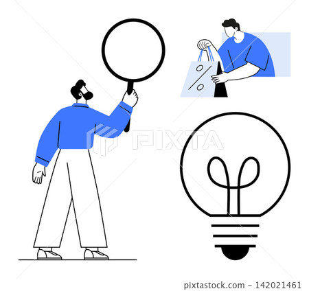 Business analysis, creative thinking, decision-making, innovation, online shopping, e-commerce. Man holding magnifying glass, shopping bags and light bulb icon. Business analysis and innovation Business analysis, creative thinking, decision-making, innovation, online shopping, e-commerce. Man holding magnifying glass, shopping bags and light bulb icon. Business analysis and innovation 142021461