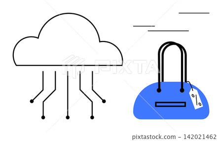Data storage, e-commerce, digital retail, online shopping, fashion technology, connectivity solutions. Minimalist cloud and blue handbag with tag. E-commerce and digital retail Data storage, e-commerce, digital retail, online shopping, fashion technology, connectivity solutions. Minimalist cloud and blue handbag with tag. E-commerce and digital retail 142021462