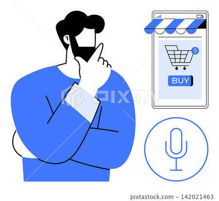 E-commerce, voice technology, online retail, digital purchases, shopping apps, mobile commerce. A person thinking next to a smartphone with a shopping cart interface and microphone icon. E-commerce E-commerce, voice technology, online retail, digital purchases, shopping apps, mobile commerce. A person thinking next to a smartphone with a shopping cart interface and microphone icon. E-commerce 142021463