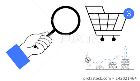 Online shopping, e-commerce analytics, digital marketing, financial growth, retail trends, business strategy. A hand holding a magnifying glass, shopping cart icon and a revenue graph. E-commerce Online shopping, e-commerce analytics, digital marketing, financial growth, retail trends, business strategy. A hand holding a magnifying glass, shopping cart icon and a revenue graph. E-commerce 142021464